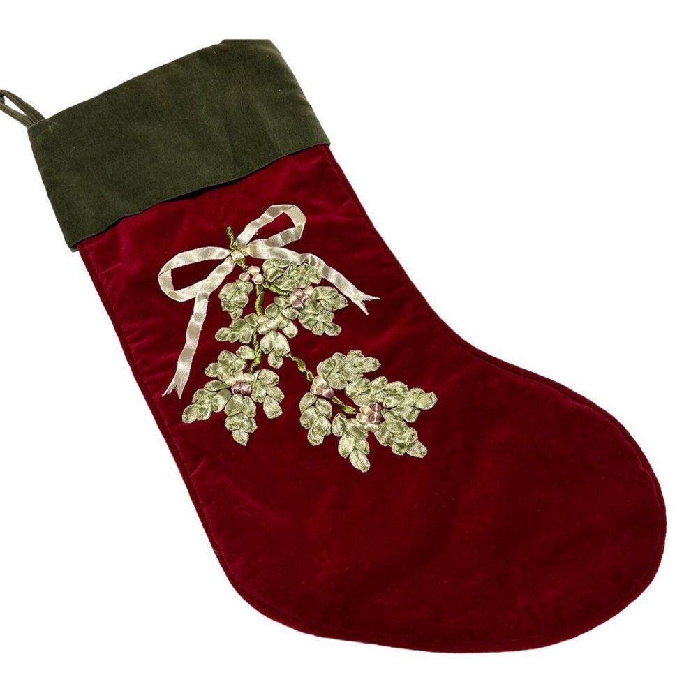 Red Velour Christmas Stocking Embellished Mistletoe Holiday Decor Ribbon